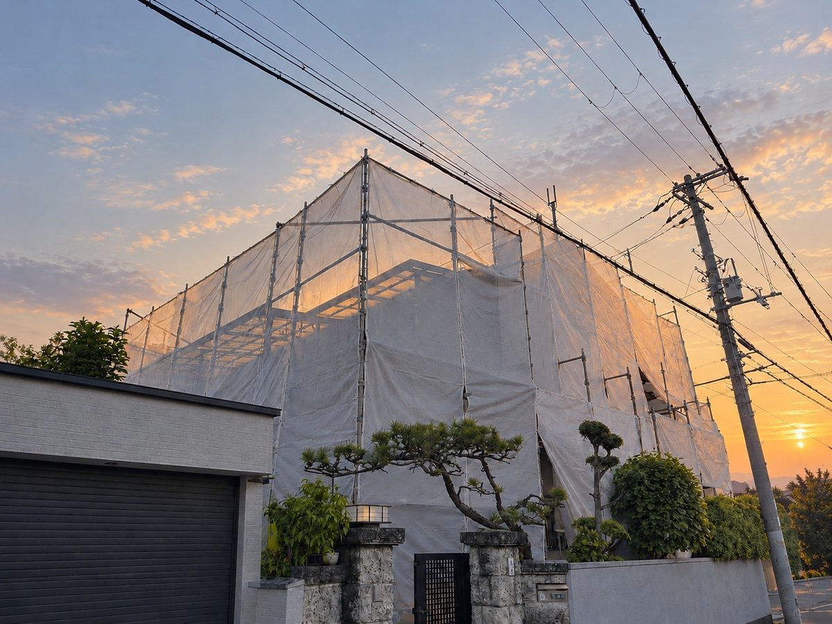 足場シートで覆われた塗装工事中の住宅と夕焼け